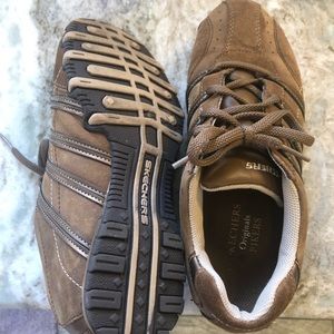 Brown and tan Skechers